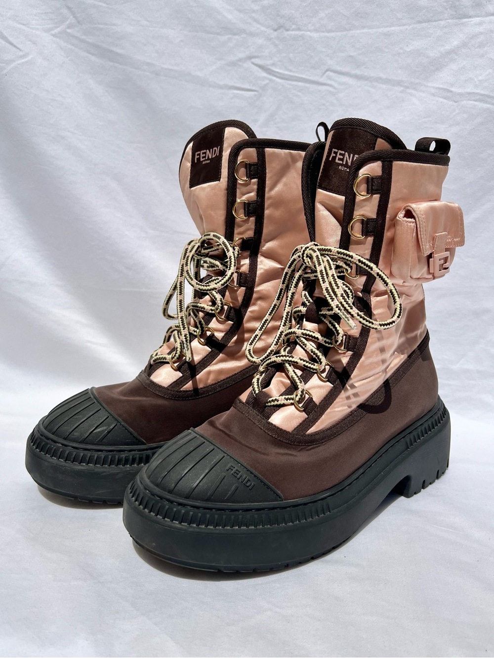 Fendi Combat Boots Domino Pink Brown Nylon Rubber Hiking Winter Baguette Size 38